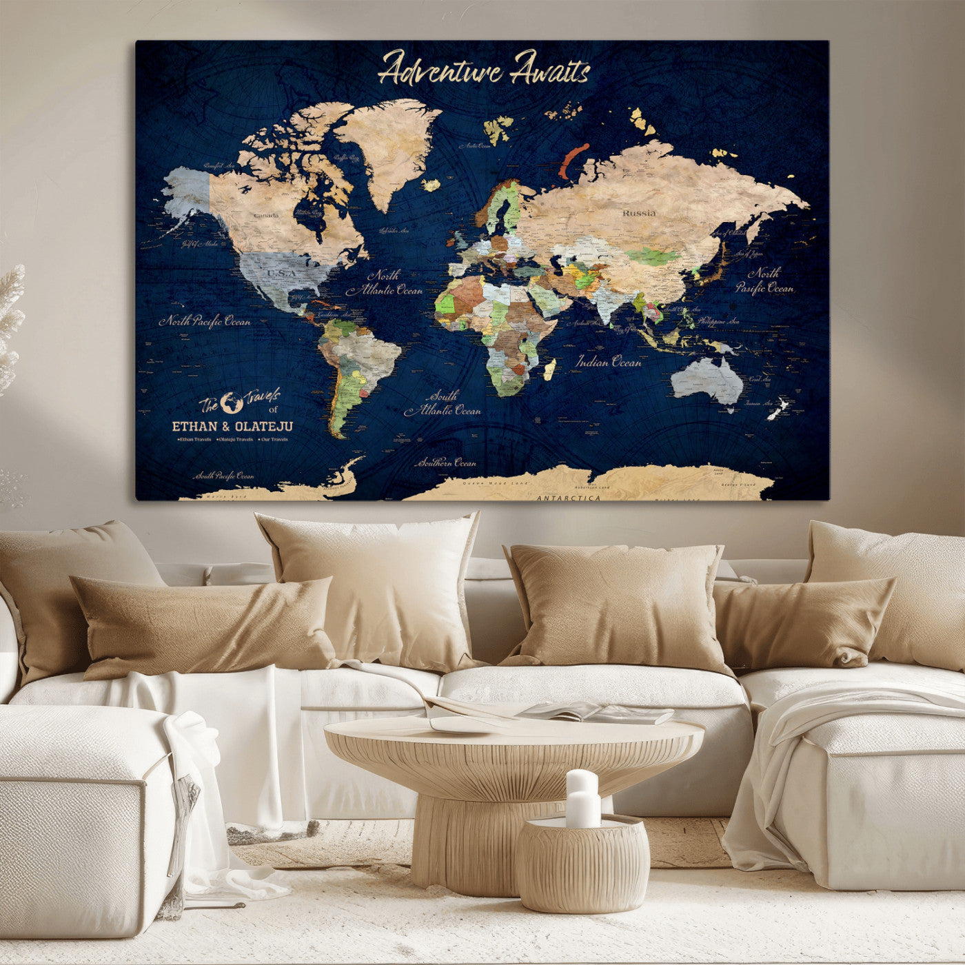80965072-MGV-CV-36X24-Personalized World Map Wall Art – Adventure Awaits Navy Blue Travel Map with Custom Names, Rustic Vintage Wall Decor for Couples,
