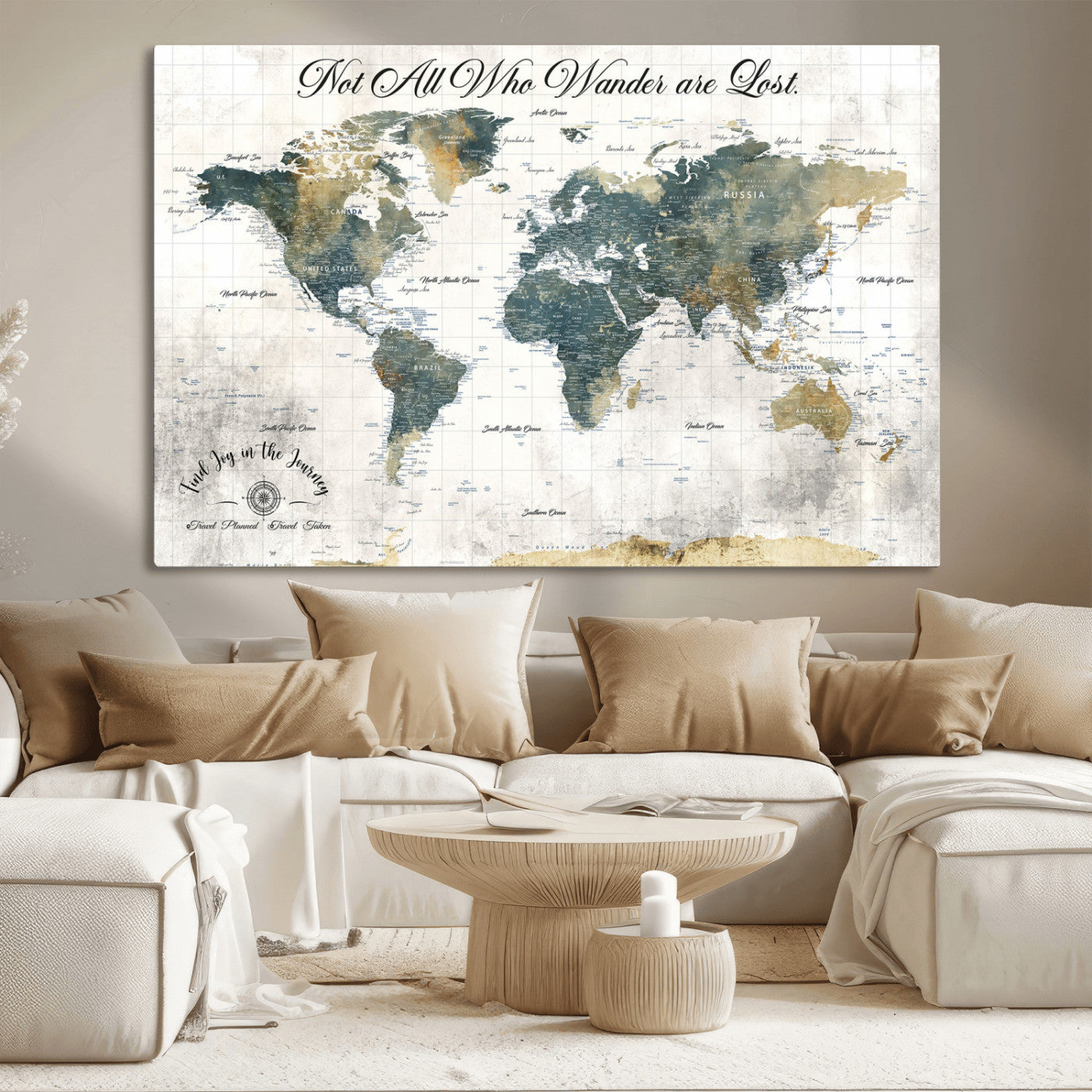 16233493-MGV-CV-36X24-Personalized World Map Wall Art – Rustic Blue Green Wanderlust Travel Map with Custom Couple Names, Vintage Wall Decor for Home