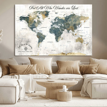 16233493-MGV-CV-36X24-Personalized World Map Wall Art – Rustic Blue Green Wanderlust Travel Map with Custom Couple Names, Vintage Wall Decor for Home