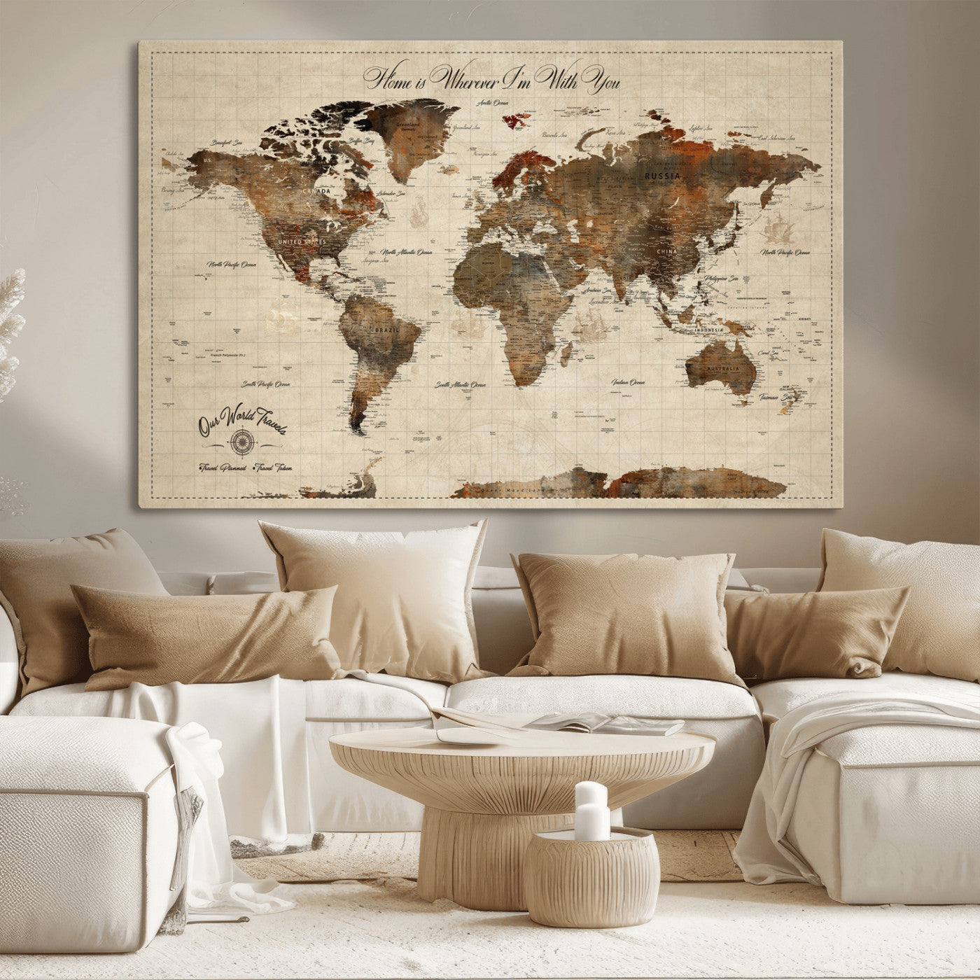 48225643-MGV-CV-36X24-Personalized World Map Wall Art – Rustic Vintage Adventure Travel Map with Custom Couple Names, Romantic Wall Decor for Home or