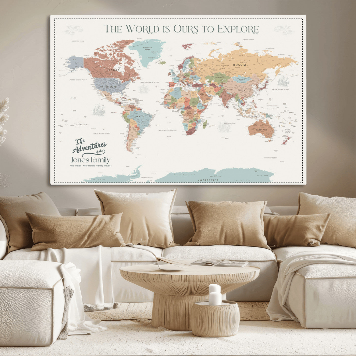 69180591-MGV-CV-36X24-Personalized World Map Wall Art – Rustic Vintage Adventure Travel Map with Custom Family Names, Unique Wall Decor for Couples,