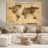 50680593-MGV-CV-36X24-Personalized World Map Wall Art – Rustic Brown Adventure Travel Map with Custom Names, Elegant Push Pin Canvas for Couples Home,