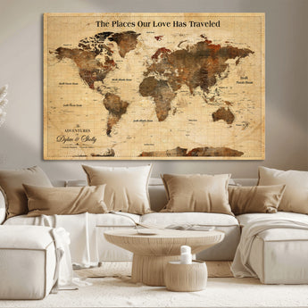 50680593-MGV-CV-36X24-Personalized World Map Wall Art – Rustic Brown Adventure Travel Map with Custom Names, Elegant Push Pin Canvas for Couples Home,