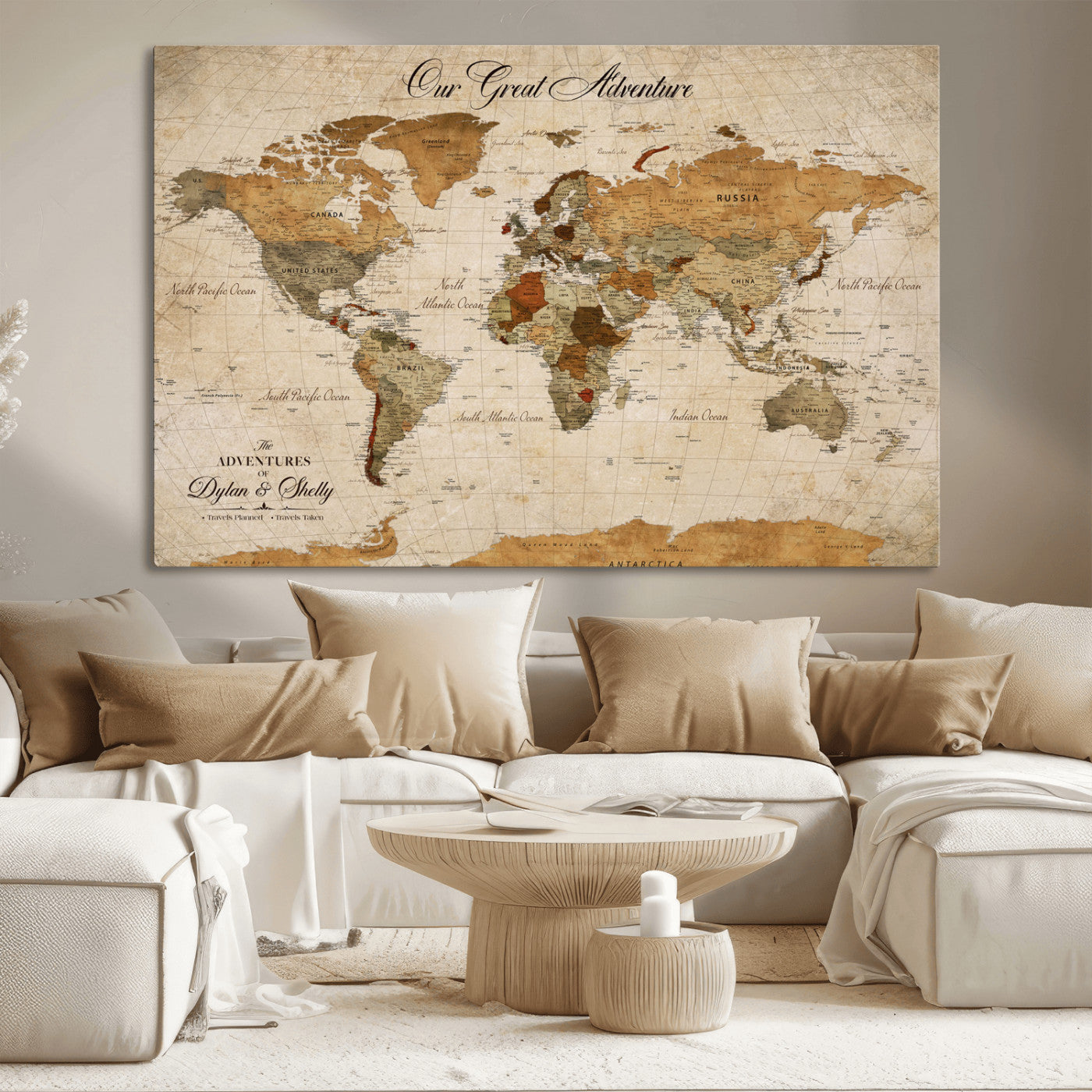 91961147-MGV-CV-36X24-Personalized World Map Wall Art – Vintage Sepia Adventure Travel Map with Custom Couple Names, Rustic Wall Decor for Home, Couples