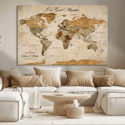 91961147-MGV-CV-36X24-Personalized World Map Wall Art – Vintage Sepia Adventure Travel Map with Custom Couple Names, Rustic Wall Decor for Home, Couples