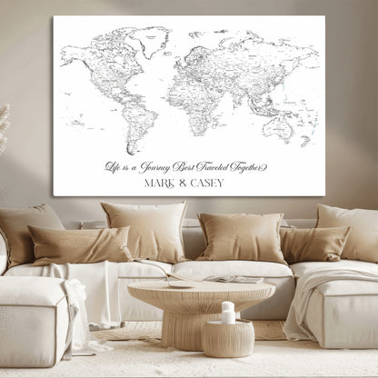 43438578-MGV-CV-36X24-Personalized World Map Wall Art – Black and White Minimal Travel Map with Custom Names, Elegant Wall Decor for Couples, Wedding or