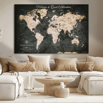 70534097-MGV-CV-36X24-Personalized World Map Wall Art – Dark Vintage Adventure Style Travel Map with Custom Names, Unique Wall Decor for Couples, Home