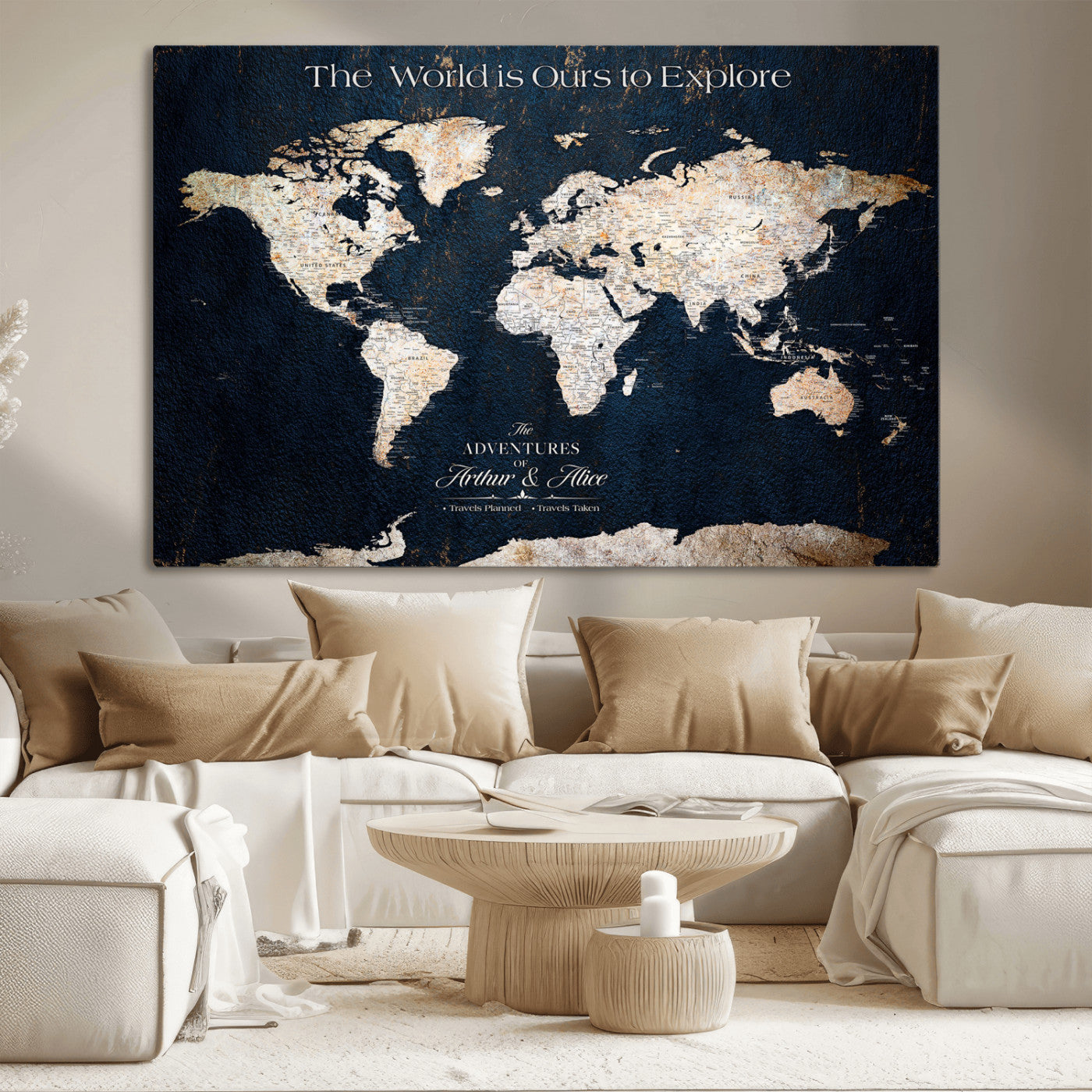 13231361-MGV-CV-36X24-Personalized World Map Wall Art – Navy Blue Vintage Adventure Travel Map with Custom Names, Elegant Push Pin Canvas for Couples
