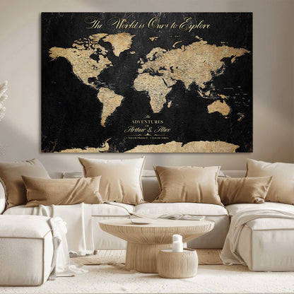 98947257-MGV-CV-36X24-Personalized World Map Wall Art – Vintage Black Adventure Travel Map with Custom Names, Elegant Push Pin Canvas for Couples Home