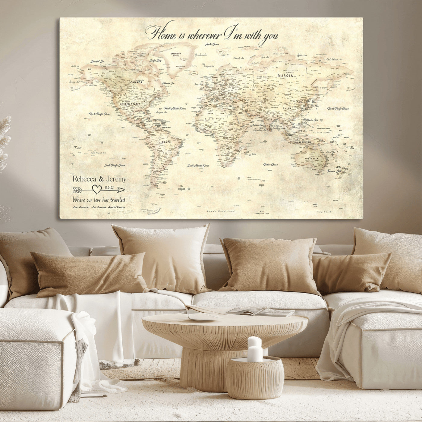 57950315-MGV-CV-36X24-Personalized World Map Wall Art – Vintage Beige Travel Map with Custom Names, Romantic Anniversary Gift for Couples, Adventure