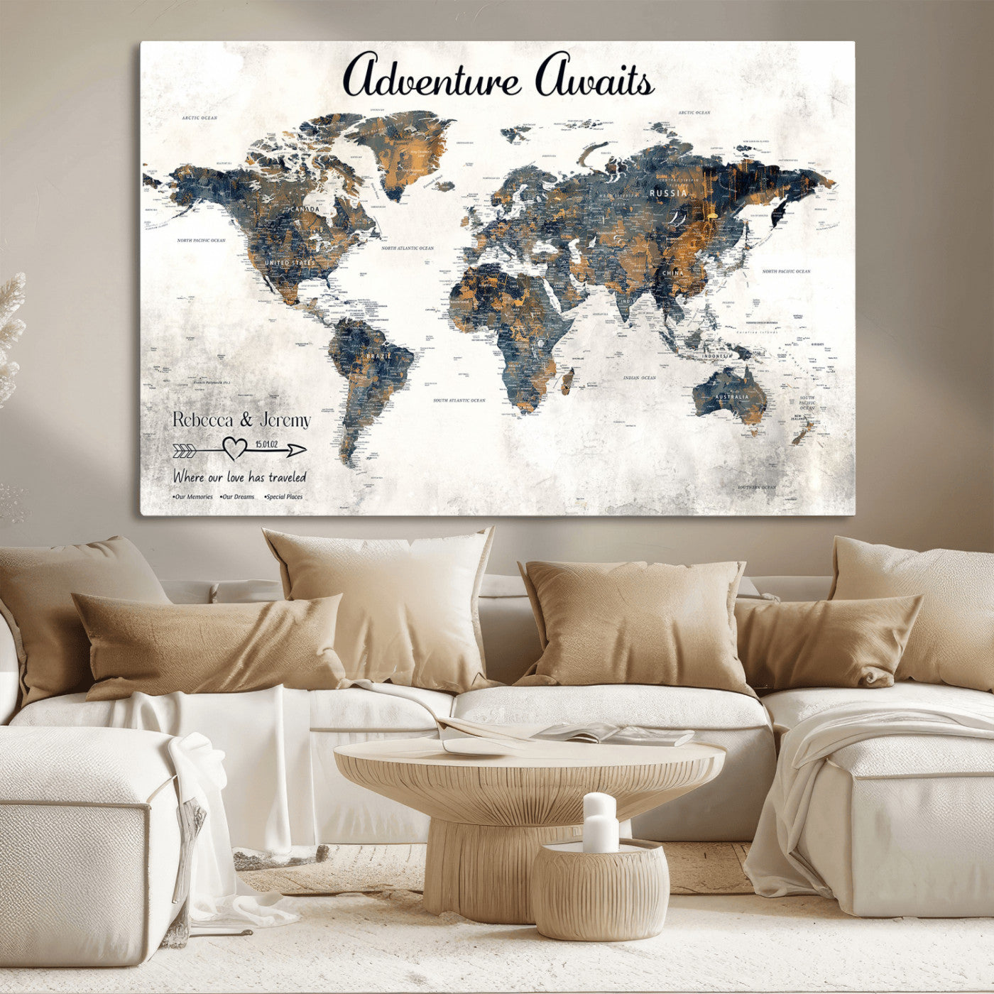 11751559-MGV-CV-36X24-Personalized World Map Wall Art – Elegant Adventure Travel Tracker Map for Couples & Families, Push Pin Canvas Poster Decor for Home, Office