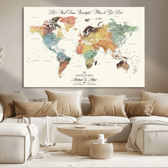 10311652-MGV-CV-36X24-Personalized World Map Wall Art - Watercolor Travel Map with Custom Names Minimalist Design for Couples&Families - Decor for Home,