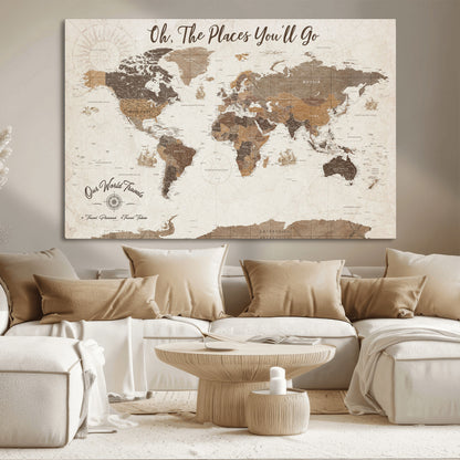 14140137-MGV-CV-36X24-Personalized World Map Wall Art – Vintage Nautical Adventure Map with Ships and Compass, Rustic Sepia Tones for Travel Lovers and
