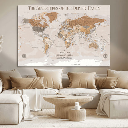 34289723-MGV-CV-36X24-Personalized World Map Wall Art – Elegant Beige and Brown Adventure Map Canvas Print for Family Home, Living Room, Study or Office