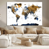 MGV-CV-36X24 - World Map Wall Art Canvas Print, Framed Blue Gold Map Art Picture Print, Rustic Atlas Perfect Rustic Modern Decor Artwork