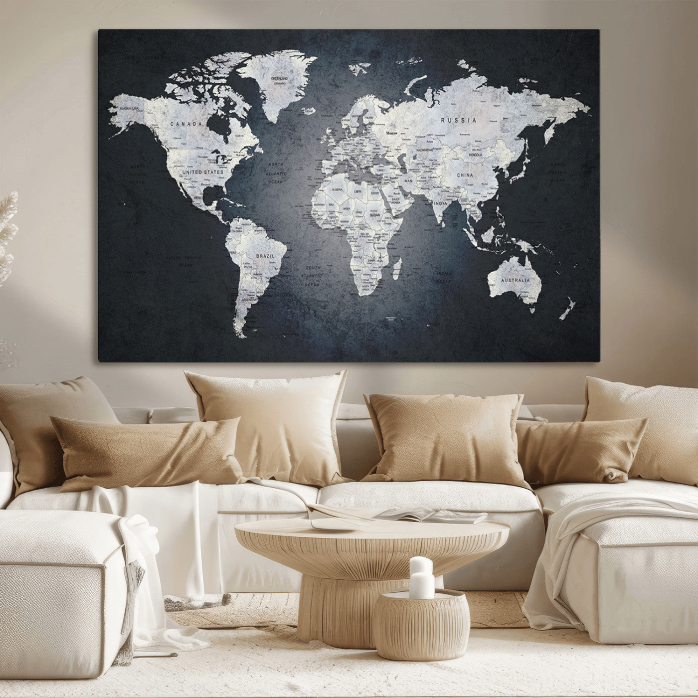 MGV-CV-36X24 - Monochrome World Map Wall Art Canvas Print, Framed Minimalist Map Art Picture Print, Modern Atlas Perfect Modern Minimalist Decor Artwork