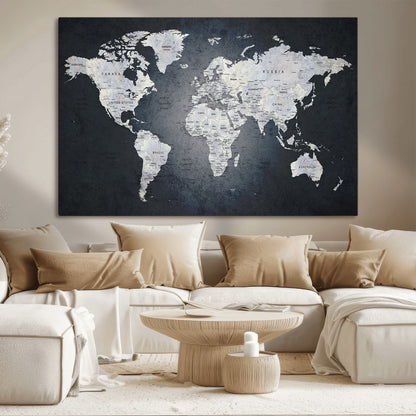 MGV-CV-36X24 - Monochrome World Map Wall Art Canvas Print, Framed Minimalist Map Art Picture Print, Modern Atlas Perfect Modern Minimalist Decor Artwork