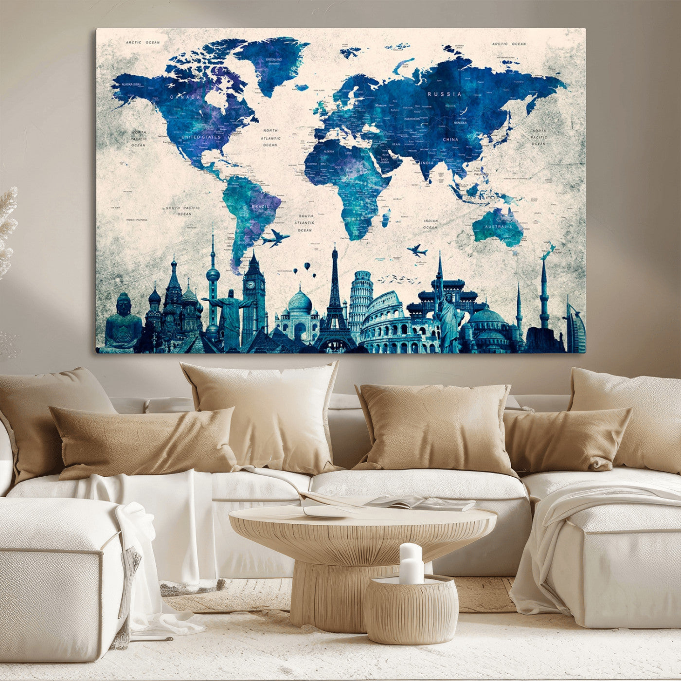 MGV-CV-36X24 - Blue World Map Wall Art Canvas Print, Framed Iconic Landmarks Art Picture Print, Blue Globe Map Perfect Elegant Explorer Decor Artwork