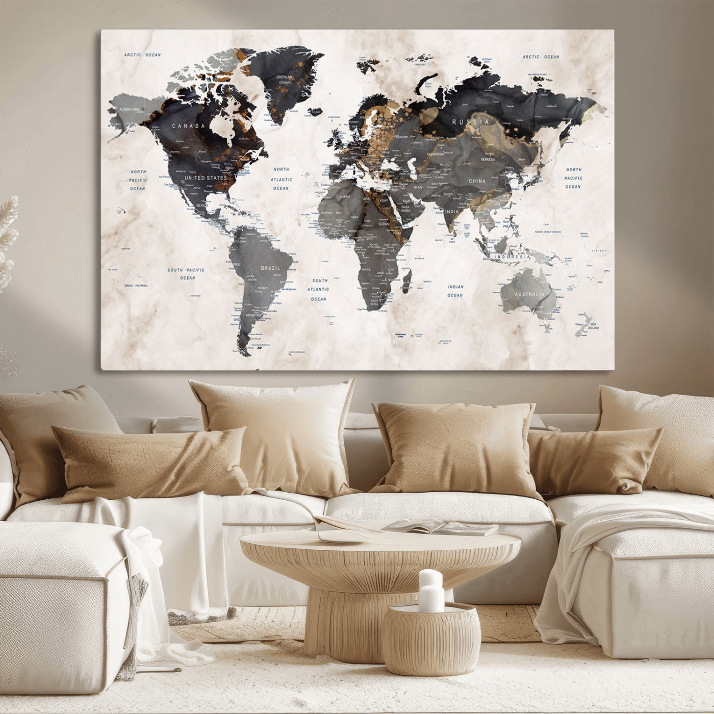 MGV-CV-36X24 - World Map Wall Art Canvas Print, Framed Rustic Map Art Picture Print, Antique Map Perfect Rustic Explorer Decor Artwork