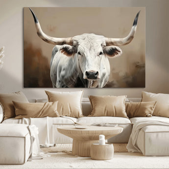 63550-MGV-CV-36X24-Texas Longhorn Wall Art Canvas Print, Framed White Bull Art Picture Print, Horned Cattle Perfect Rustic Western Decor Artwork