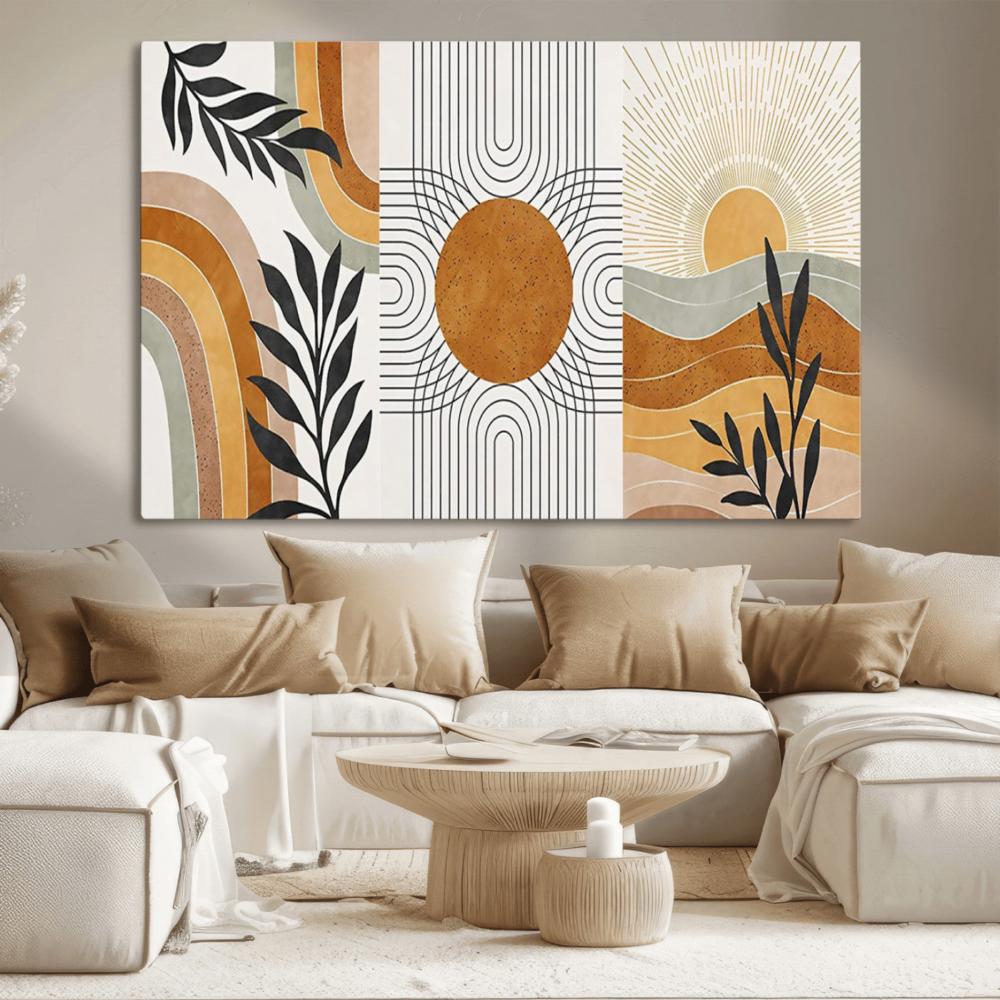 32359-MGV-CV-36X24-Modern Sun Wall Art Canvas Print, Framed Retro Horizon Art Picture Print, Sunburst Design Perfect Mid Century Boho Decor Artwork