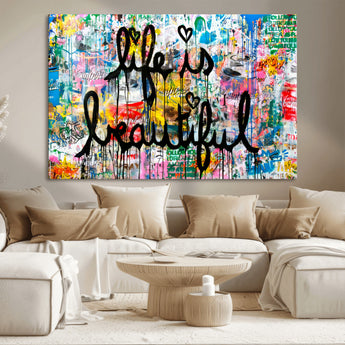 36856-MGV-CV-36X24-Life Is Beautiful Wall Art – Colorful Graffiti Canvas Print, Modern Street Style Artwork, Inspirational Decor for Living Room,