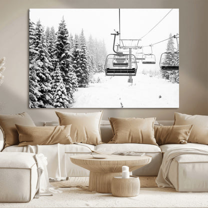 49274-MGV-CV-36X24-Snowy Forest Wall Art Canvas Print, Framed Ski Lift Art Picture Print, Mountain Snow Perfect Minimal Winter Lodge Decor Artwork