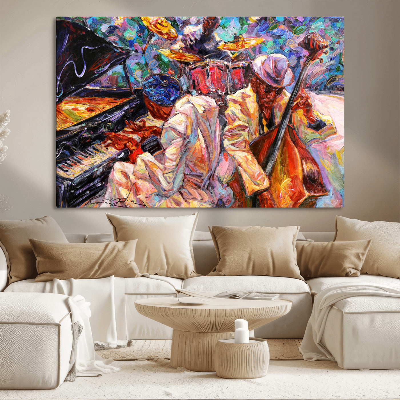 13675-MGV-CV-36X24-Jazz Band Wall Art Canvas Print, Framed Jazz Oil Painting Art Picture Print, Vibrant Music Perfect Abstract Musical Decor Artwork
