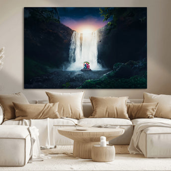 56359-MGV-CV-36X24-Lilo Stitch Wall Art Canvas Print, Framed Stitch Angel Art Picture Print, Cartoon Waterfall Perfect Tropical Fantasy Decor Artwork