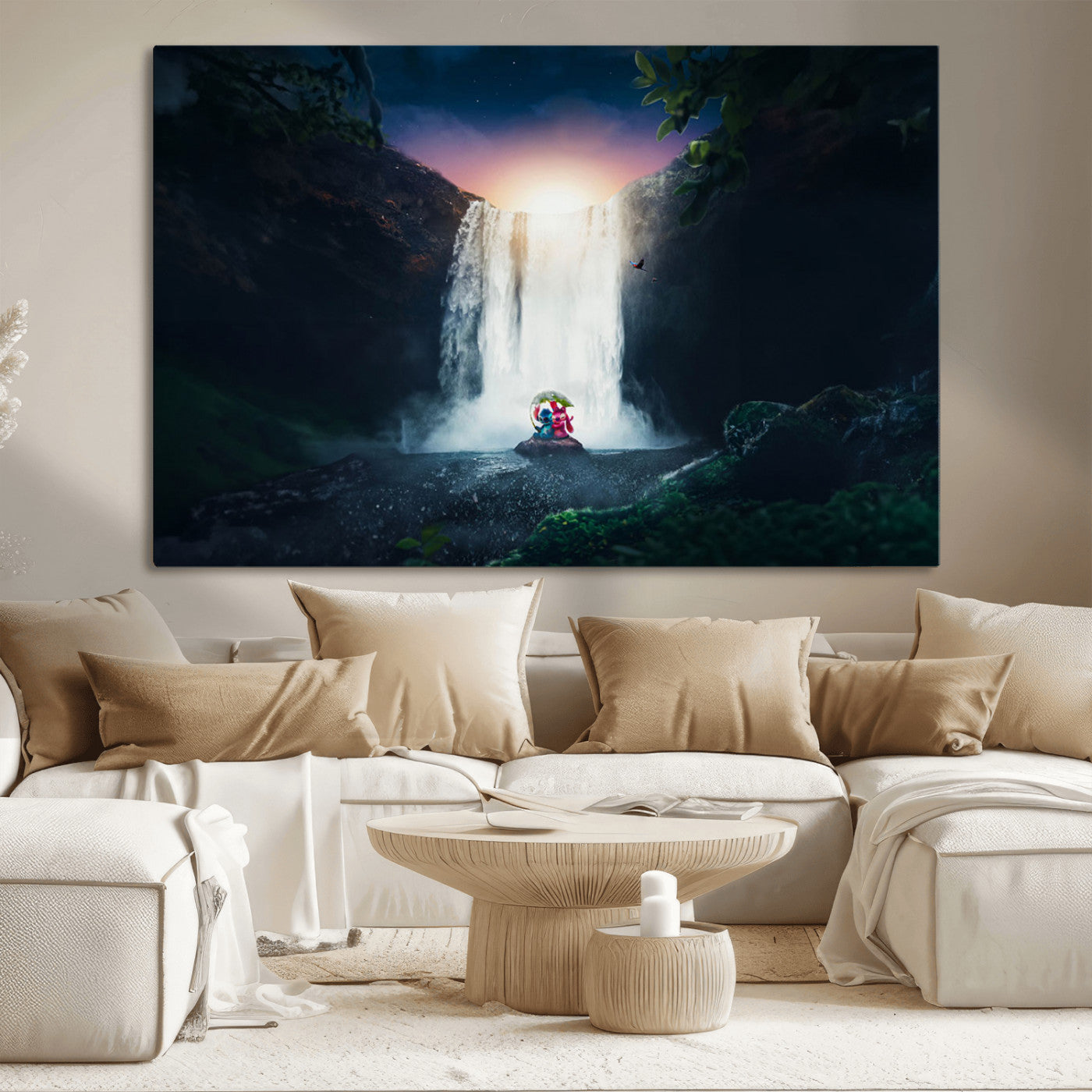 56359-MGV-CV-36X24-Lilo Stitch Wall Art Canvas Print, Framed Stitch Angel Art Picture Print, Cartoon Waterfall Perfect Tropical Fantasy Decor Artwork