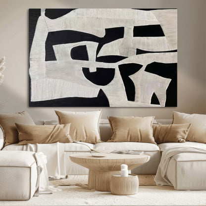 33714-MGV-CV-36X24-Monochrome Design Wall Art Canvas Print, Framed Modern Linework Art Picture Print, Textured Shapes Perfect Monochrome Modern Decor