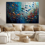 89626-MGV-CV-36X24-Fish Swarm Wall Art Canvas Print, Framed Abstract Ocean Art Picture Print, Underwater Life Perfect Vibrant Coastal Decor Artwork