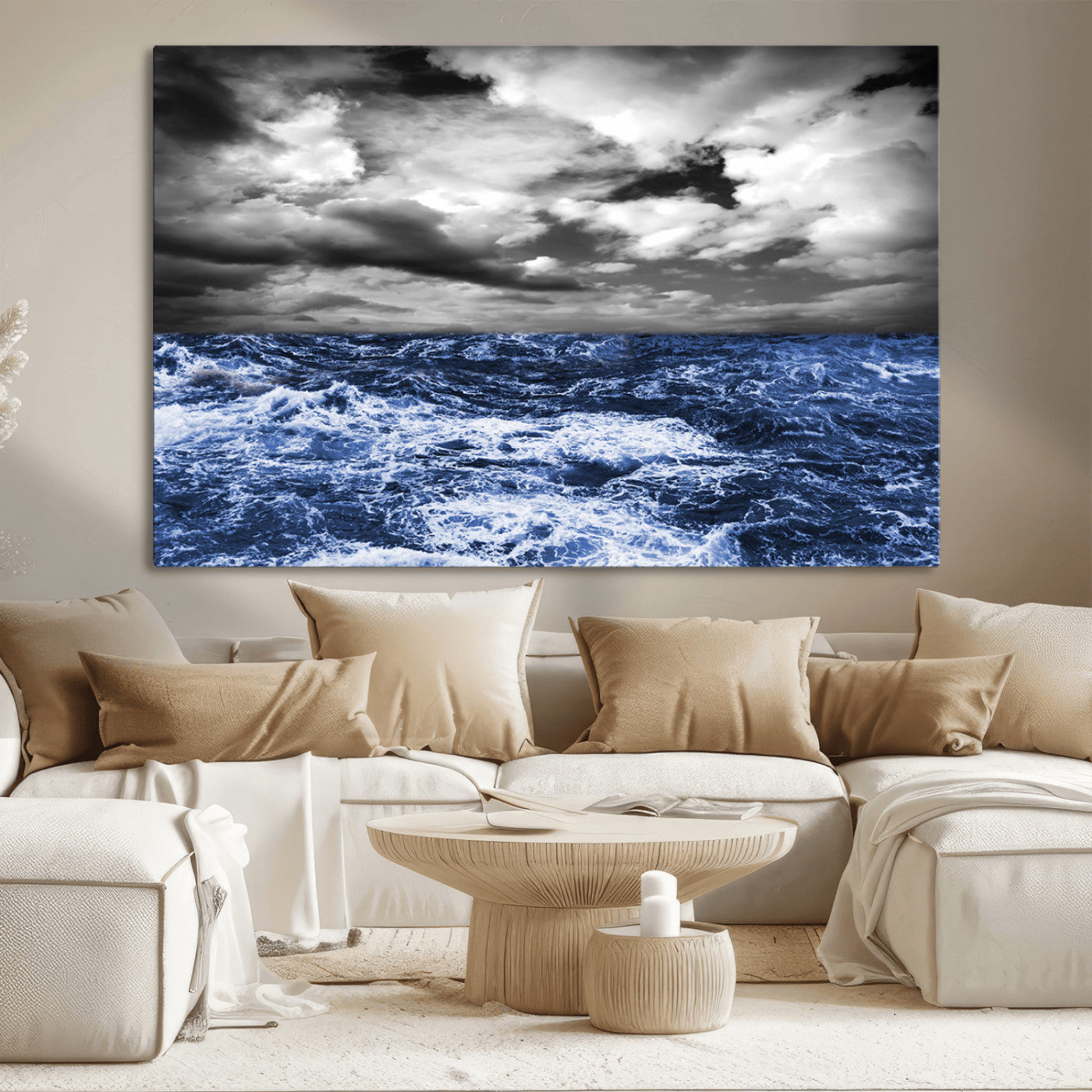 91043-MGV-CV-36X24-Stormy Ocean Wall Art Canvas Print, Framed Moody Seascape Art Picture Print, Monochrome Sea Perfect Coastal Drama Decor Artwork