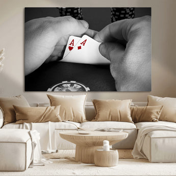 62460-MGV-CV-36X24-Poker Game Wall Art – Close Up of Hands Holding Aces with Chips, Casino Style Decor for Game Room, Man Cave or Office