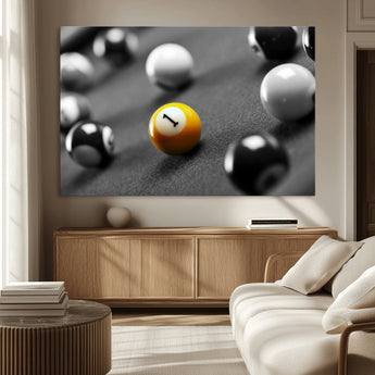52108-MGV-CV-36X24-Precision Pool Table Wall Art – Close Up Yellow 1 Ball Canvas Print, Hand-Played Billiards Game Decor for Office, Game Room, or