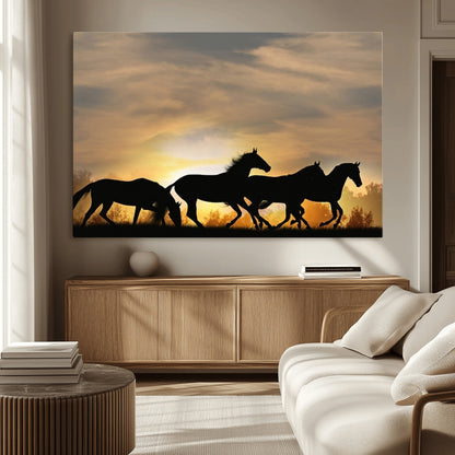 16620-MGV-CV-36X24-Sunset Stallions Wall Art – Silhouetted Horses Running Canvas Print, Nature’s Rhythm, Perfect for Living Room, Office, or Man Cave