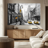 32362-MGV-CV-36X24-NYC Street Wall Art – Black and White Cityscape with Yellow Taxis and Umbrella Canvas Print, Urban Home Decor for Living Room or