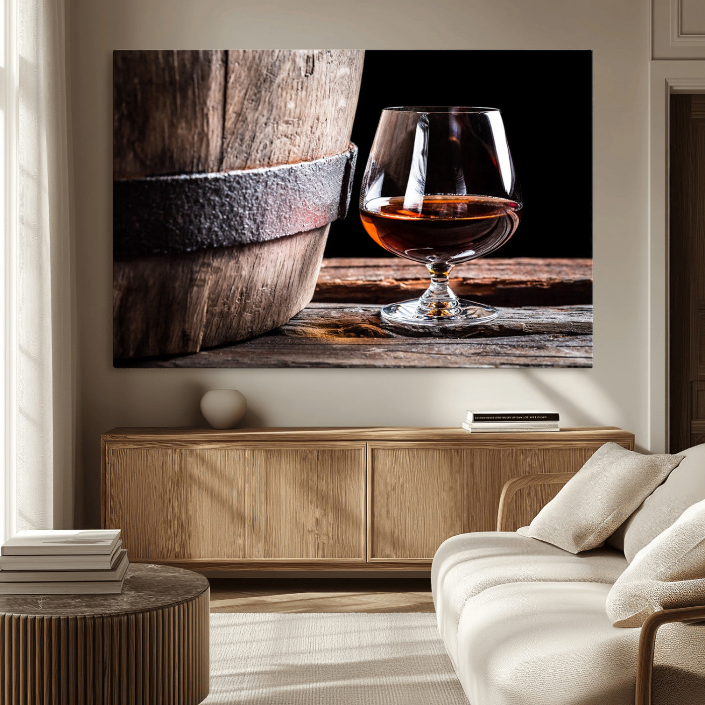 50839-MGV-CV-36X24-Barrel & Brandy Wall Art – Rustic Whiskey Barrel and Brandy Glass Canvas Print, Elegant Home Bar or Lounge Decor for Office, Man