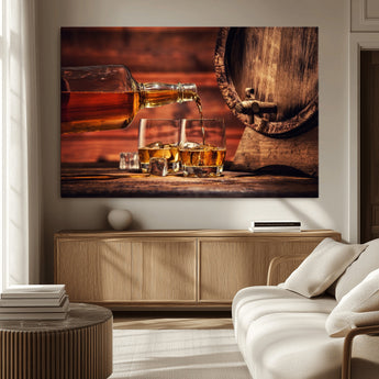 52458-MGV-CV-36X24-Whiskey Pour Wall Art – Elegant Whiskey Bottle Pouring into Glasses Canvas Print, Refined Bar or Lounge Decor for Home, Office, or