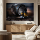 78049-MGV-CV-36X24-Whiskey Barrel Wall Art – Rustic Whiskey Barrel and Glass with Ice Canvas Print, Classic Bar or Lounge Decor for Home, Office, or