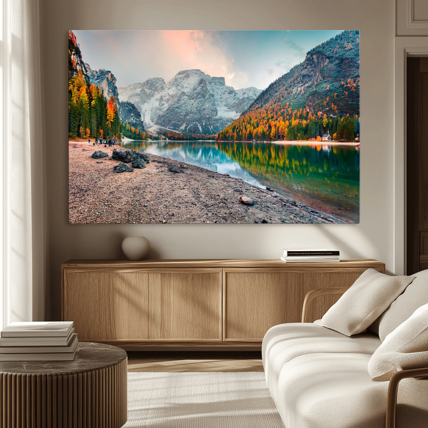 25982-MGV-CV-36X24-Autumn Mountain Lake Wall Art – Panoramic Fall Foliage and Snowy Peaks Canvas Print, Scenic Nature Decor for Living Room or Office