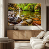 98096-MGV-CV-36X24-Serene River Waterfall Nature Photo – Calm Clear Water, Vibrant Green Forest and Smooth Stones Landscape Wall Art for Home or