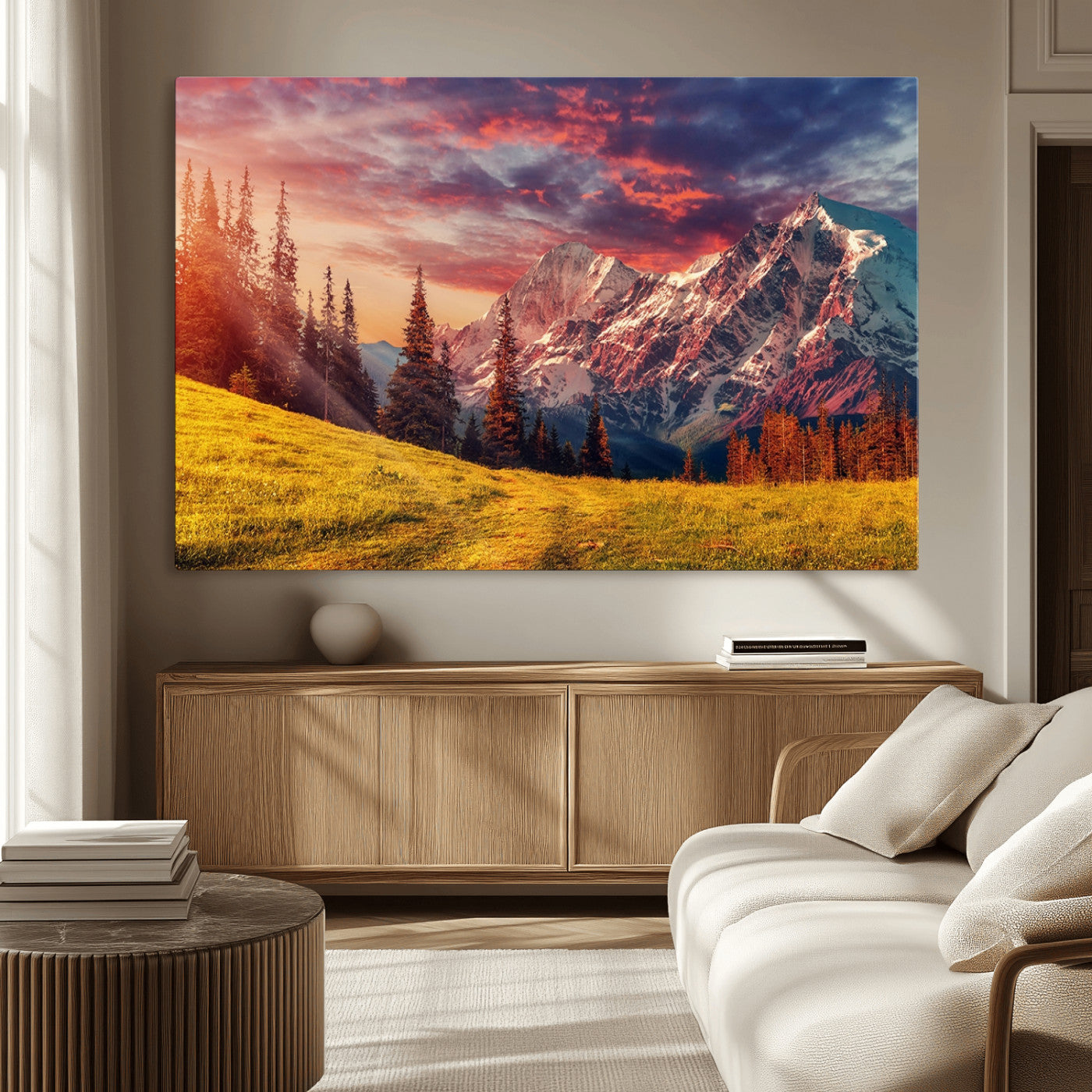83947-MGV-CV-36X24-Sunset Mountain Landscape Wall Art – Panoramic Alpine Meadow and Snow Capped Peaks Canvas Print, Nature Scenic Decor for Home,