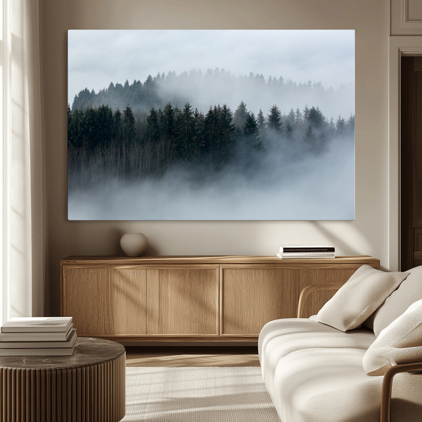 42596-MGV-CV-36X24-Misty Forest Wall Art – Atmospheric Pine Trees Canvas Print, Nature Landscape Decor for Living Room, Bedroom, Office, or Cabin