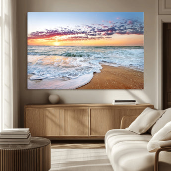 39560-MGV-CV-36X24-Sunrise Beach Wall Art – Vibrant Ocean Waves and Golden Sand Canvas Print, Seaside Coastal Decor for Living Room, Bedroom or