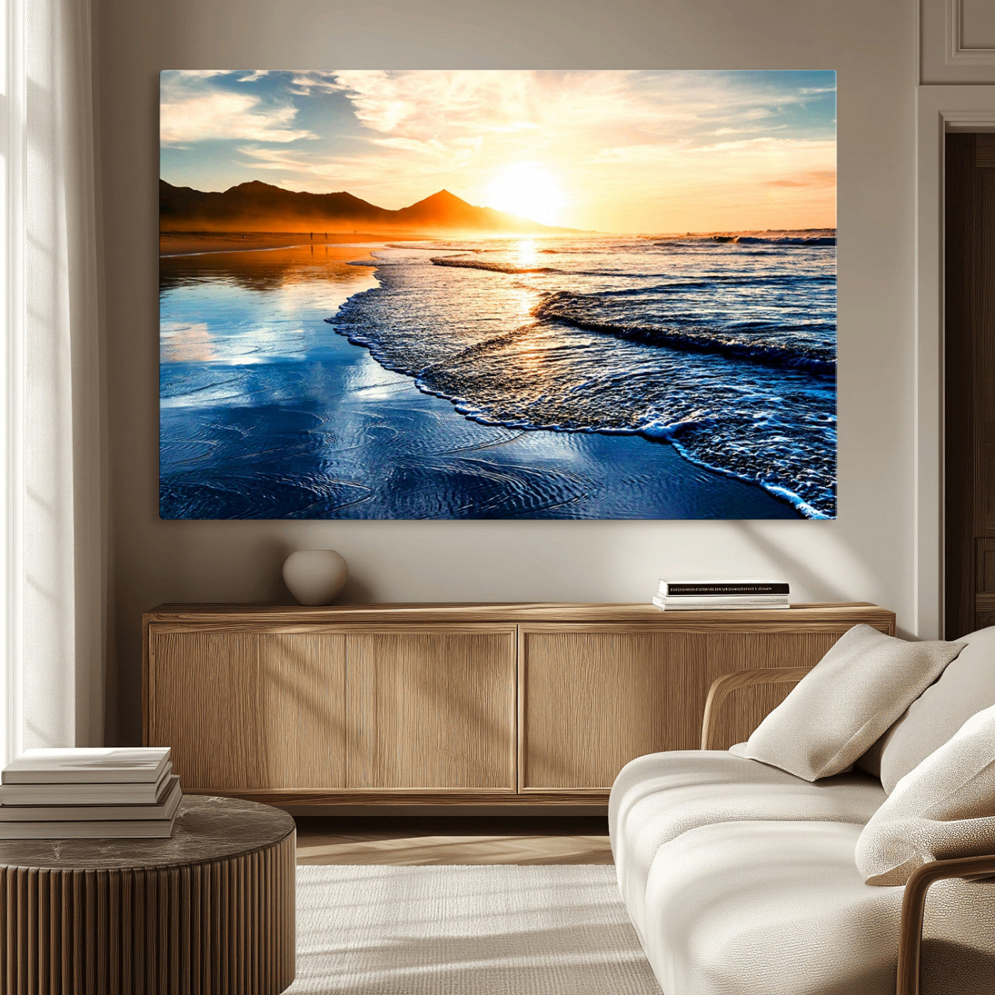 86173-MGV-CV-36X24-Golden Sunset Beach Wall Art – Reflective Ocean Canvas Print with Mountains and Waves, Coastal Nature Decor for Living Room,