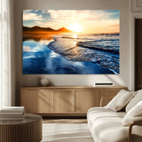 86173-MGV-CV-36X24-Golden Sunset Beach Wall Art – Reflective Ocean Canvas Print with Mountains and Waves, Coastal Nature Decor for Living Room,