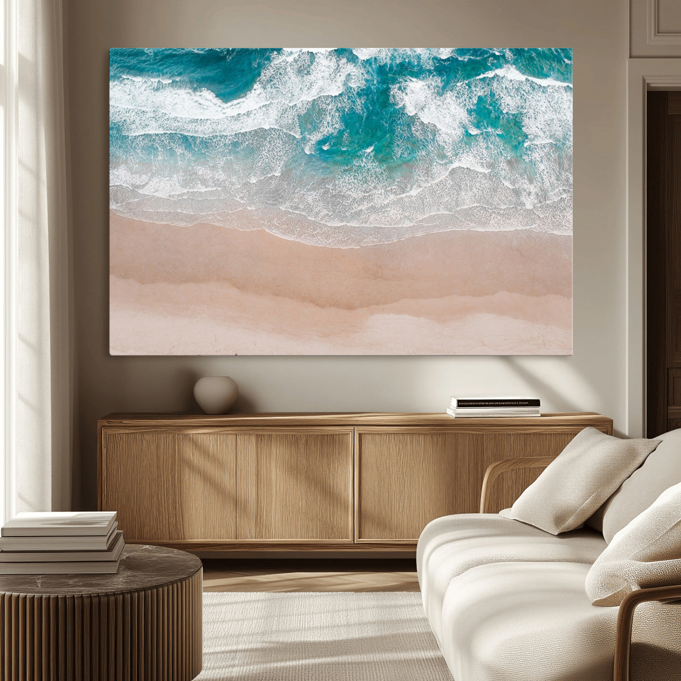 39236-MGV-CV-36X24-Ocean Beach Wall Art – Aerial View of Waves and Sand Canvas Print, Coastal Home Decor for Living Room, Bedroom, Office or Beach