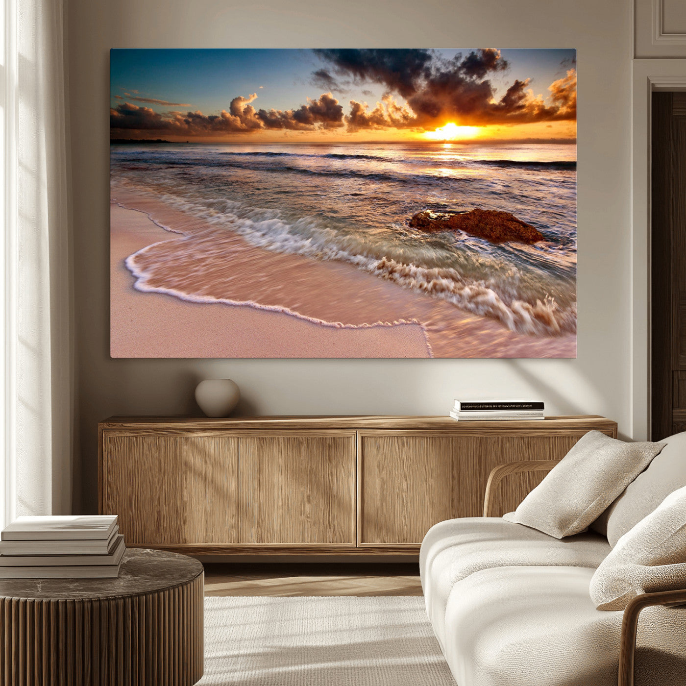 38302-MGV-CV-36X24-Sunset Beach Wall Art – Stunning Ocean Waves and Rock Canvas Print, Warm Coastal Decor for Living Room, Bedroom, Office or Beach