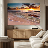 38302-MGV-CV-36X24-Sunset Beach Wall Art – Stunning Ocean Waves and Rock Canvas Print, Warm Coastal Decor for Living Room, Bedroom, Office or Beach